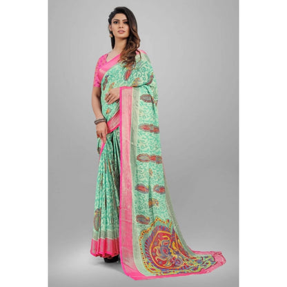 Women's Viscose Rayon Printed Saree With Unstitched Blouse (Teal)