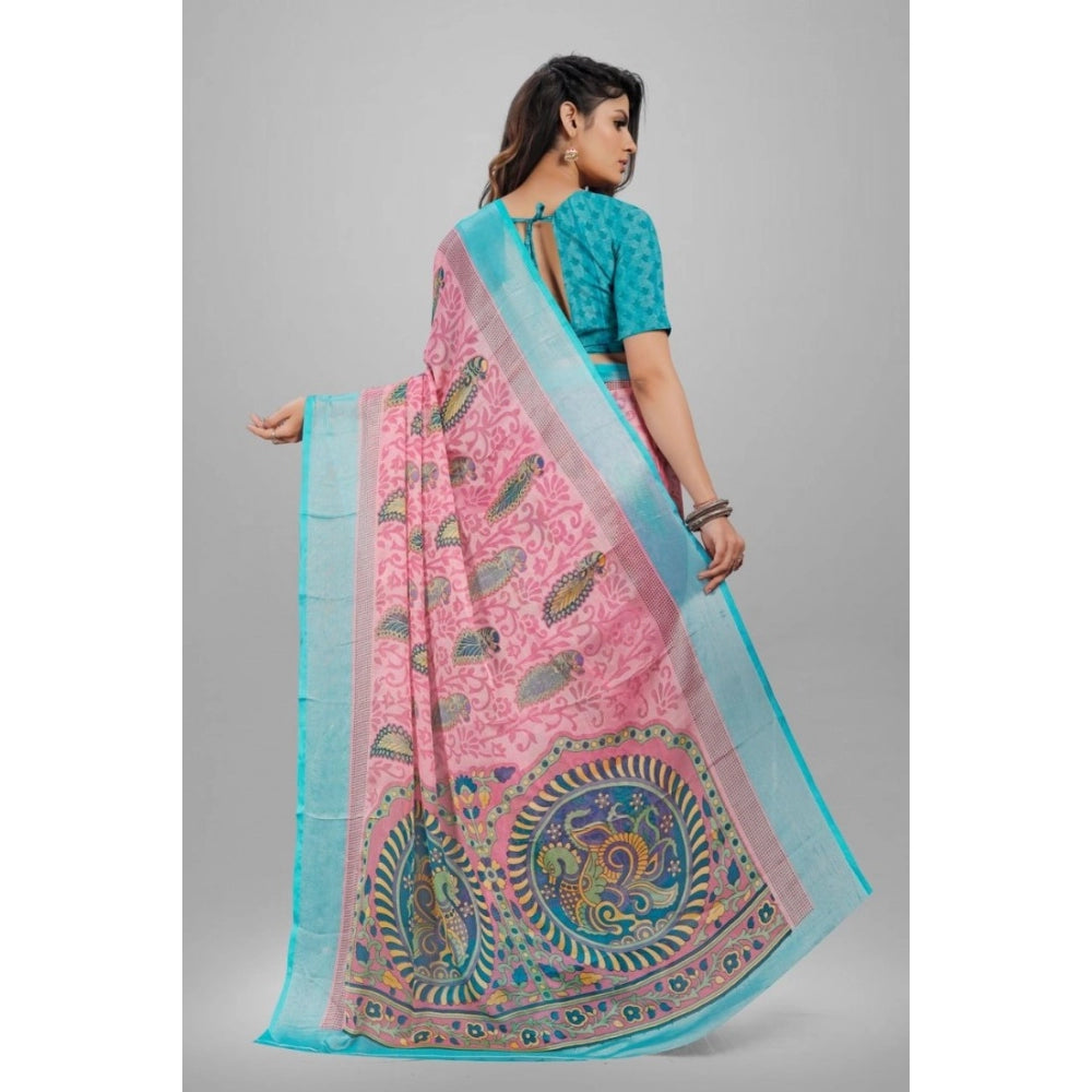 Women's Viscose Rayon Printed Saree With Unstitched Blouse (Pink)