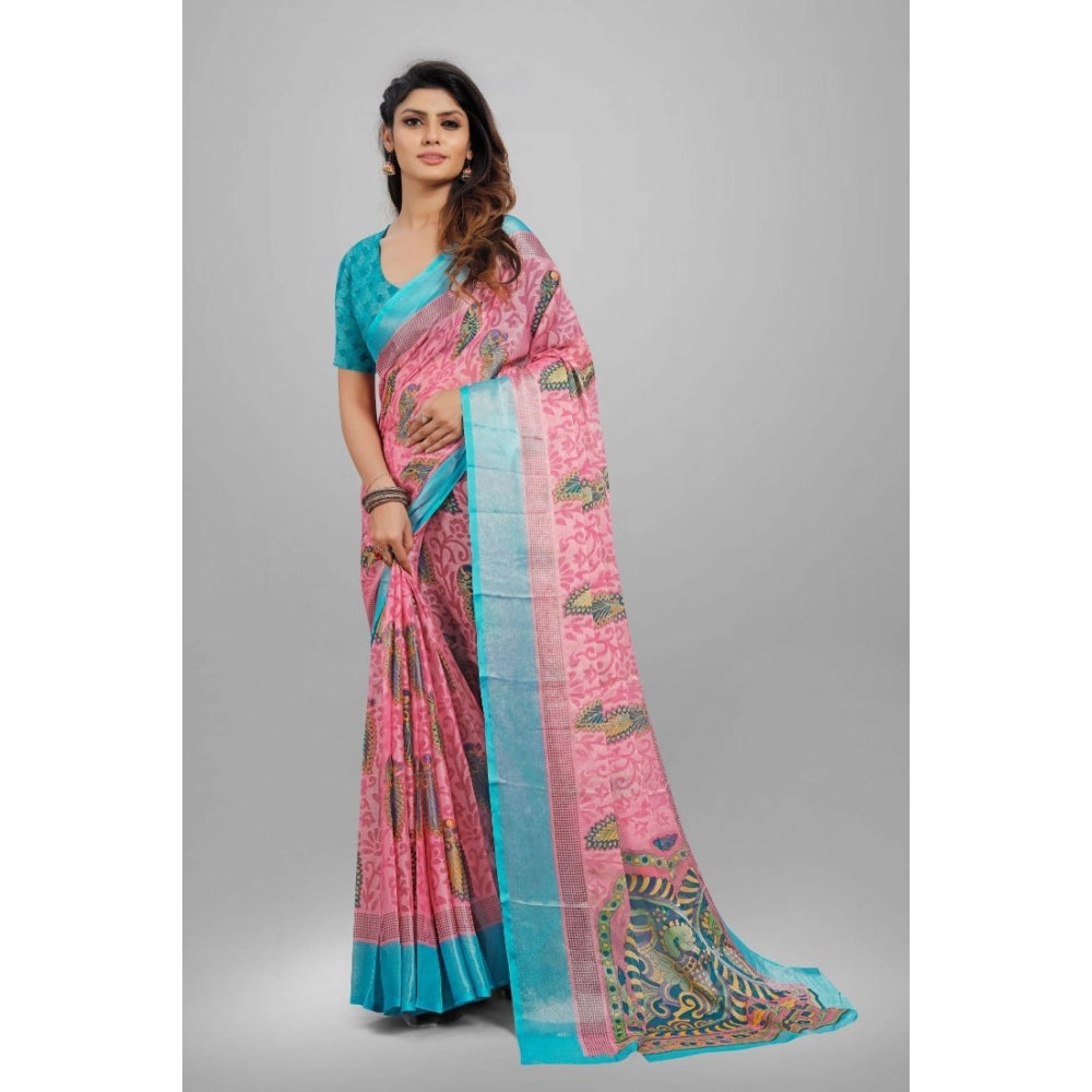 Women's Viscose Rayon Printed Saree With Unstitched Blouse (Pink)