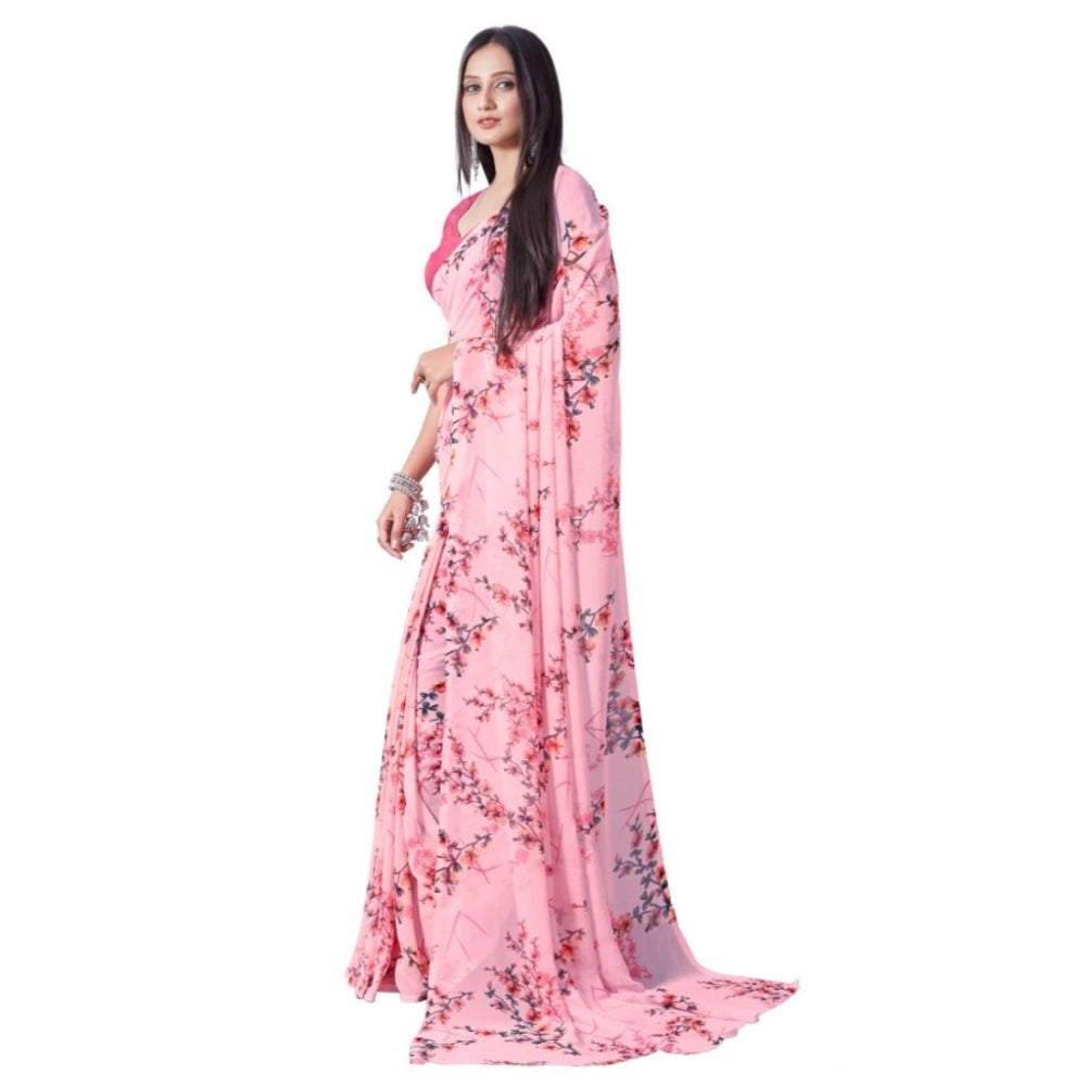 Women's Georgette Printed Saree With Unstitched Blouse (Pink)