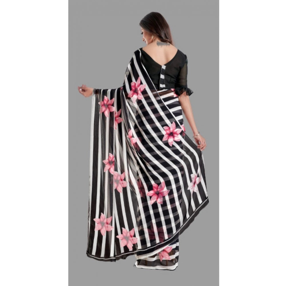 Women's Georgette Printed Saree With Unstitched Blouse (Black)