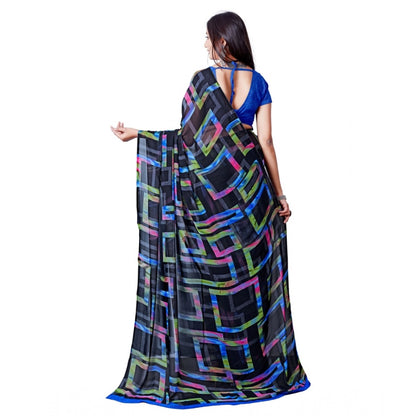 Women's Georgette Printed Saree With Unstitched Blouse (Blue)