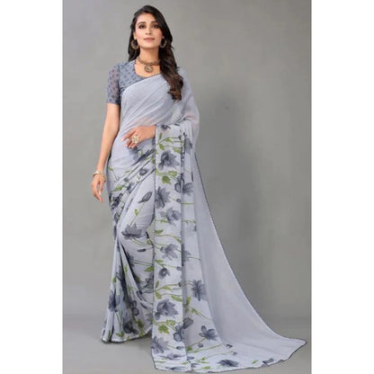 Women's Georgette Printed Saree With Unstitched Blouse (Grey)