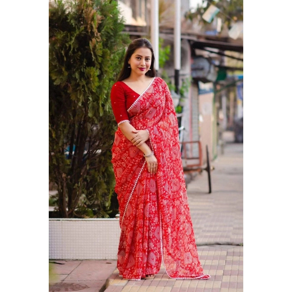 Women's Georgette Printed Saree With Unstitched Blouse (Red)