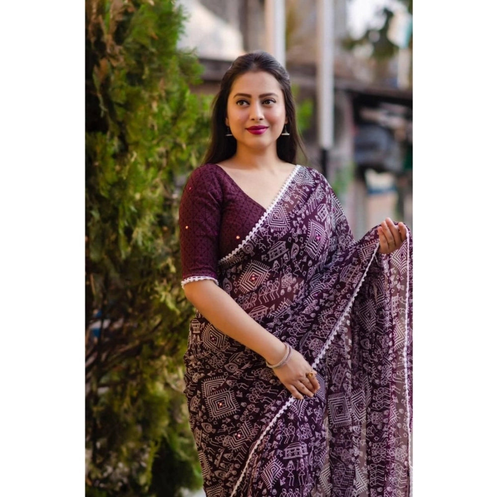 Women's Georgette Printed Saree With Unstitched Blouse (Purple)