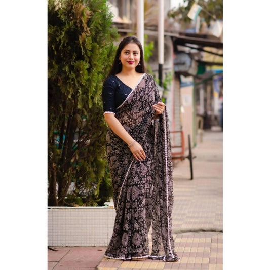 Women's Georgette Printed Saree With Unstitched Blouse (Black)