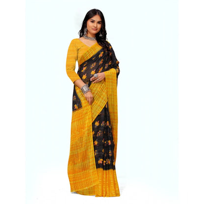 Women's Georgette Printed Saree With Unstitched Blouse (Yellow)