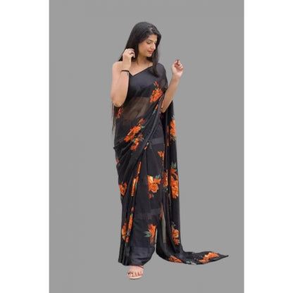 Women's Satin Patta Printed Saree With Unstitched Blouse (Orange)