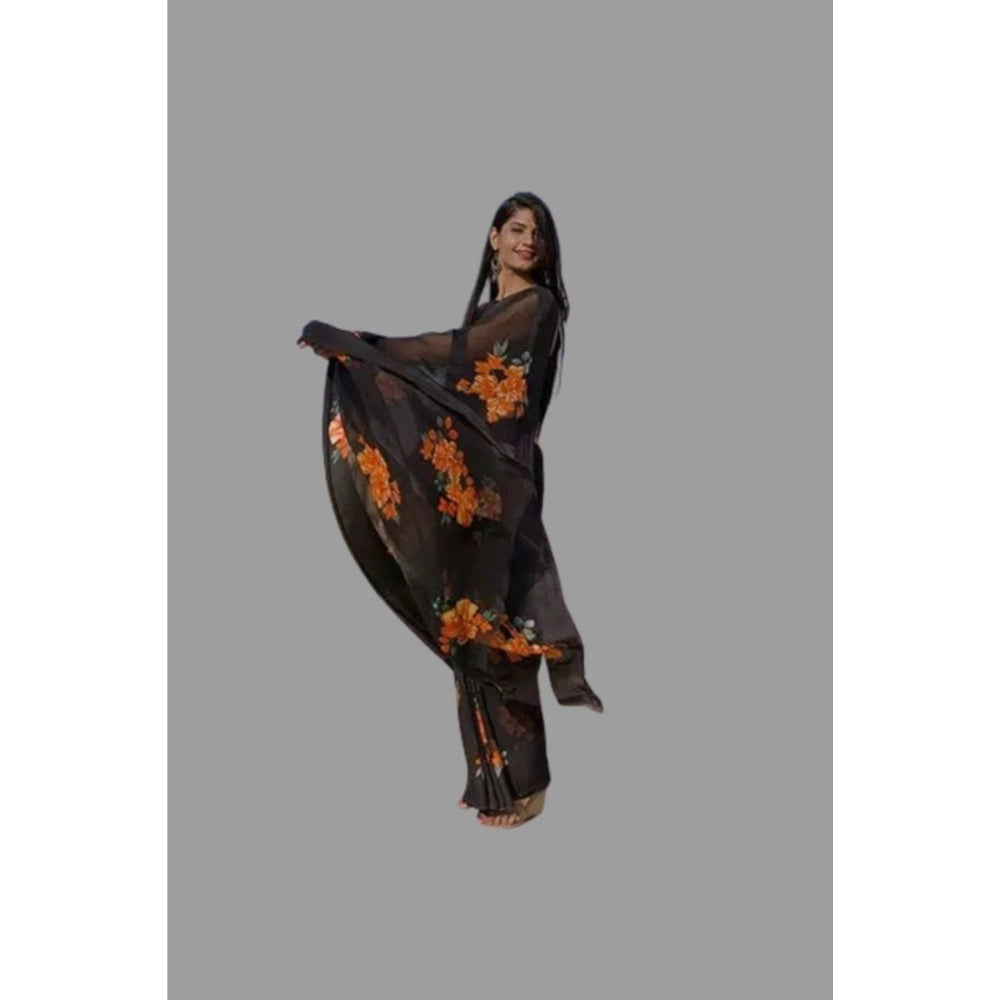 Women's Satin Patta Printed Saree With Unstitched Blouse (Orange)