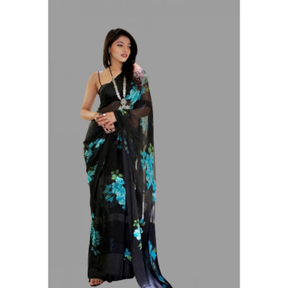 Women's Satin Patta Printed Saree With Unstitched Blouse (Blue)