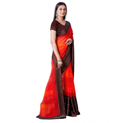 Women's Satin Patta Printed Saree With Unstitched Blouse (Red)