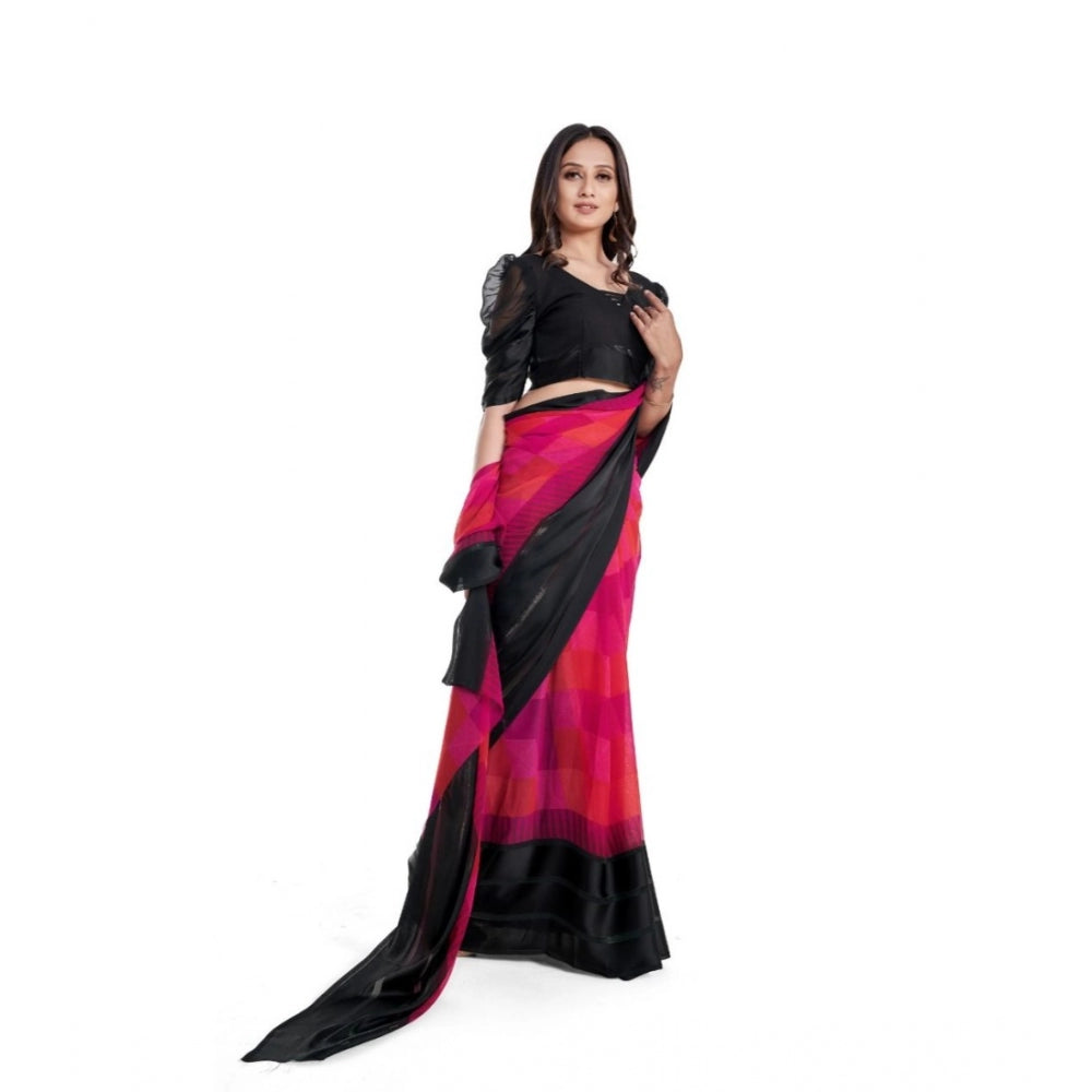 Women's Satin Patta Printed Saree With Unstitched Blouse (Pink)