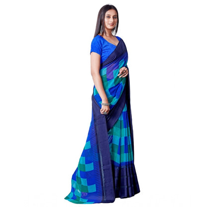 Women's Satin Patta Printed Saree With Unstitched Blouse (Skyblue)