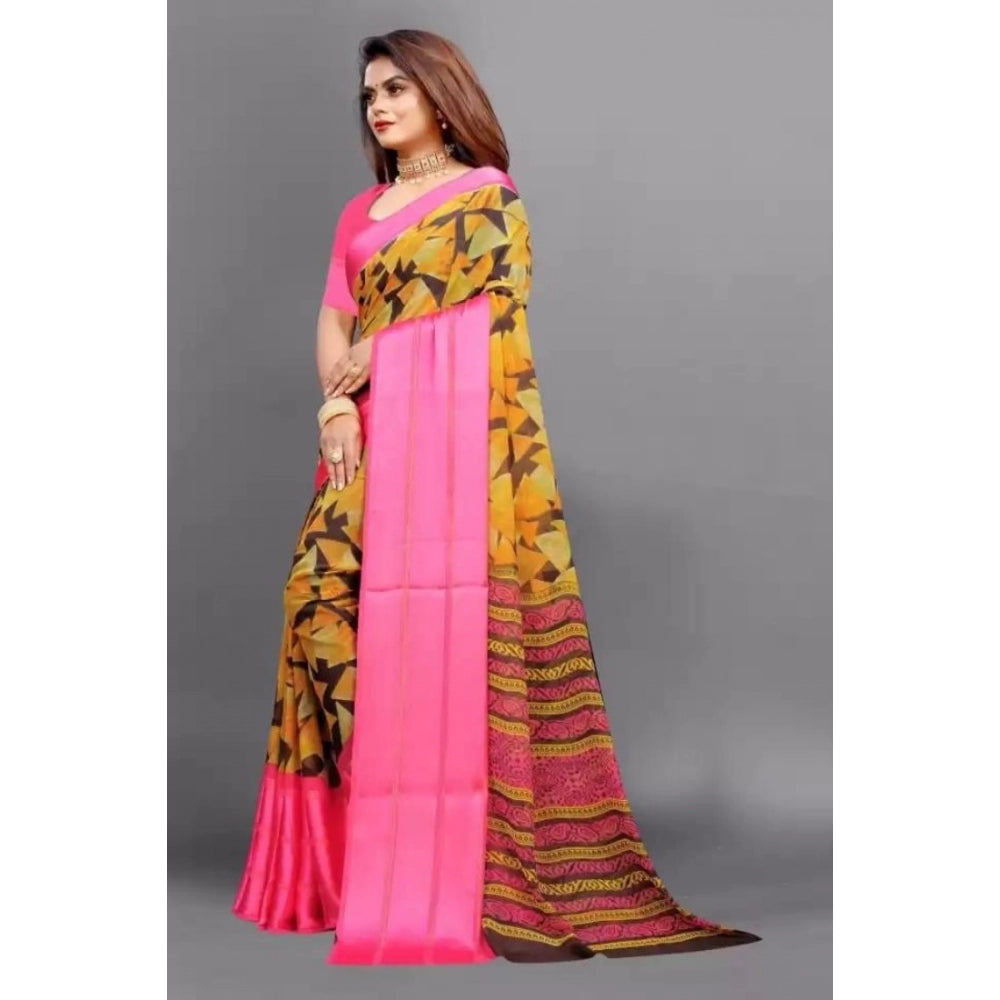 Women's Satin Patta Printed Saree With Unstitched Blouse (Pink)