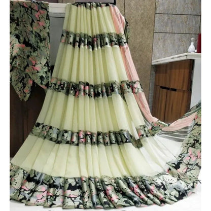 Women's Satin Patta Printed Saree With Unstitched Blouse (Cream)