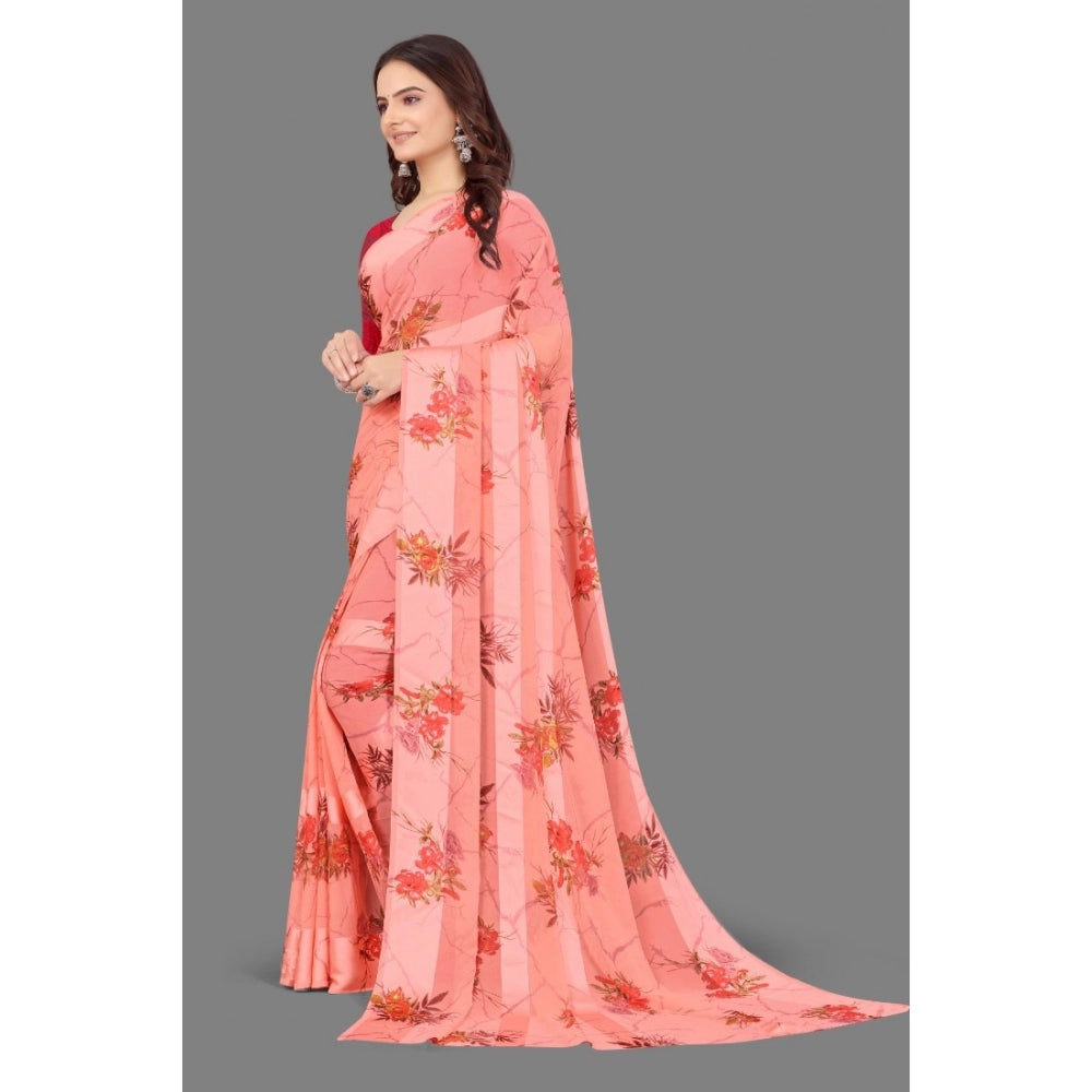 Women's Satin Patta Printed Saree With Unstitched Blouse (Peach)