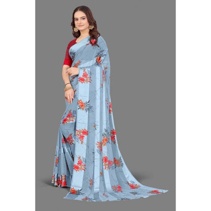 Women's Satin Patta Printed Saree With Unstitched Blouse (Grey)