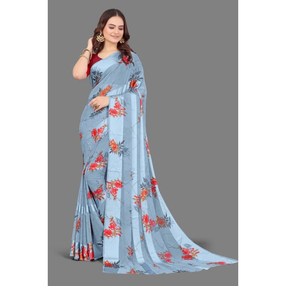 Women's Satin Patta Printed Saree With Unstitched Blouse (Grey)