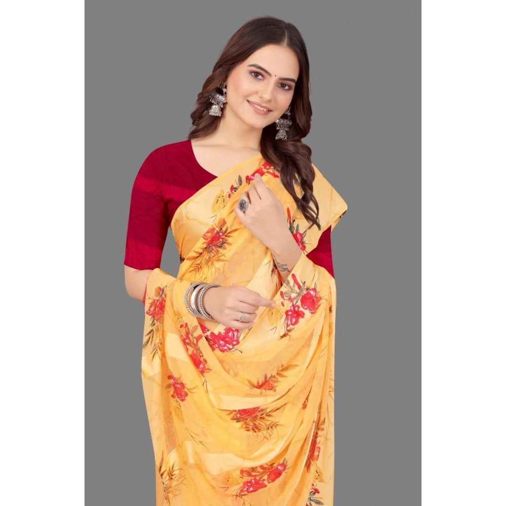 Women's Satin Patta Printed Saree With Unstitched Blouse (Beige)