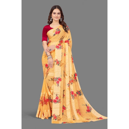 Women's Satin Patta Printed Saree With Unstitched Blouse (Beige)