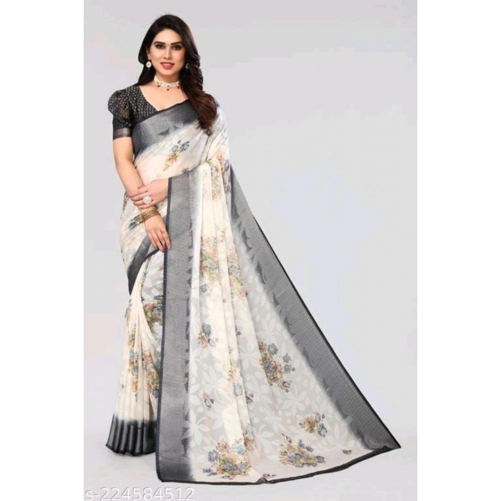 Women's Viscose Rayon Printed Saree With Unstitched Blouse (Black)