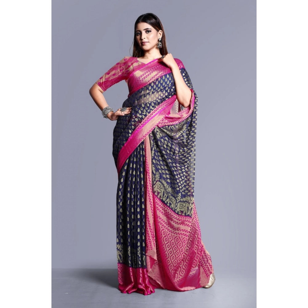 Women's Viscose Rayon Printed Saree With Unstitched Blouse (Navy Blue)