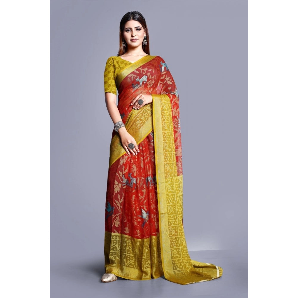 Women's Viscose Rayon Printed Saree With Unstitched Blouse (Red)