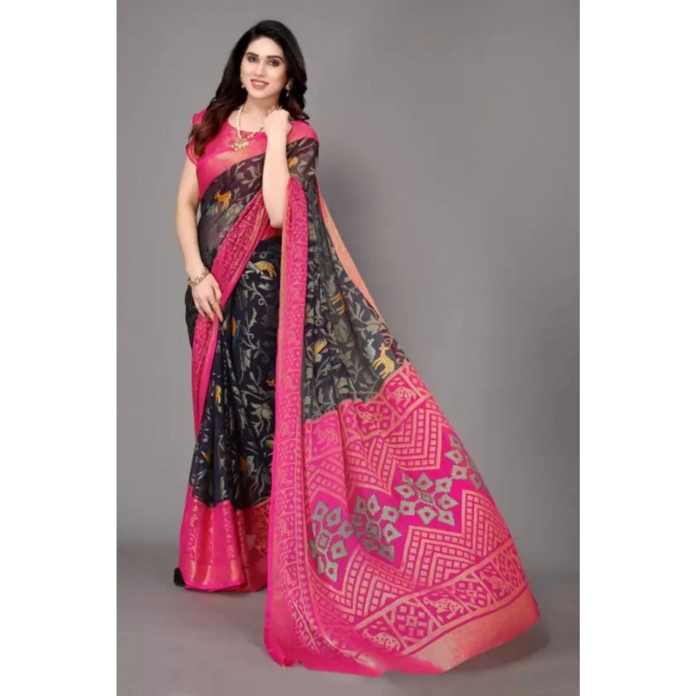 Women's Viscose Rayon Printed Saree With Unstitched Blouse (Navy Blue)