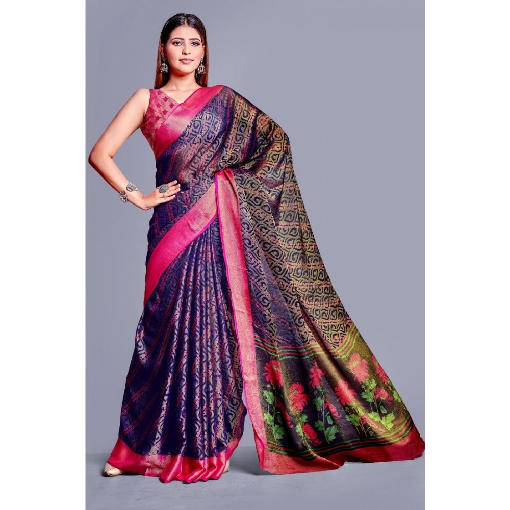 Women's Viscose Rayon Printed Saree With Unstitched Blouse (Navy Blue)