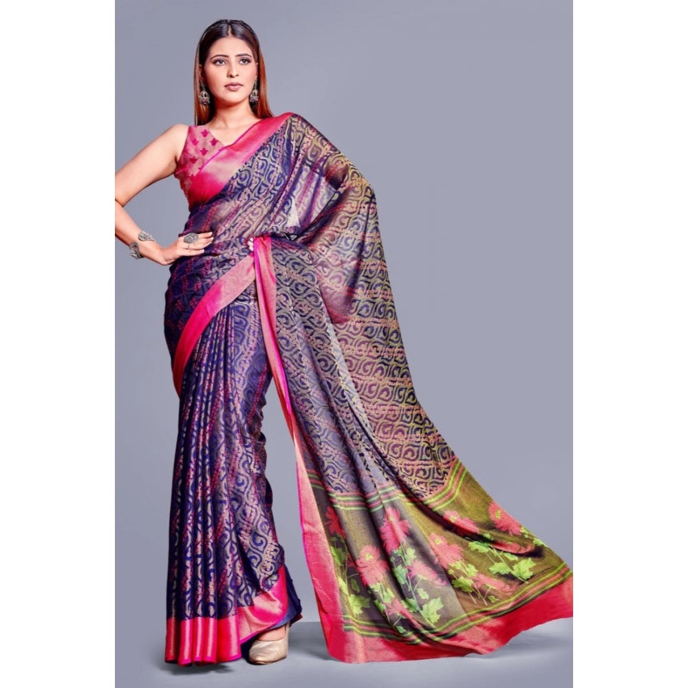 Women's Viscose Rayon Printed Saree With Unstitched Blouse (Navy Blue)