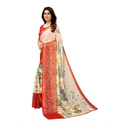 Women's Viscose Rayon Printed Saree With Unstitched Blouse (Red)