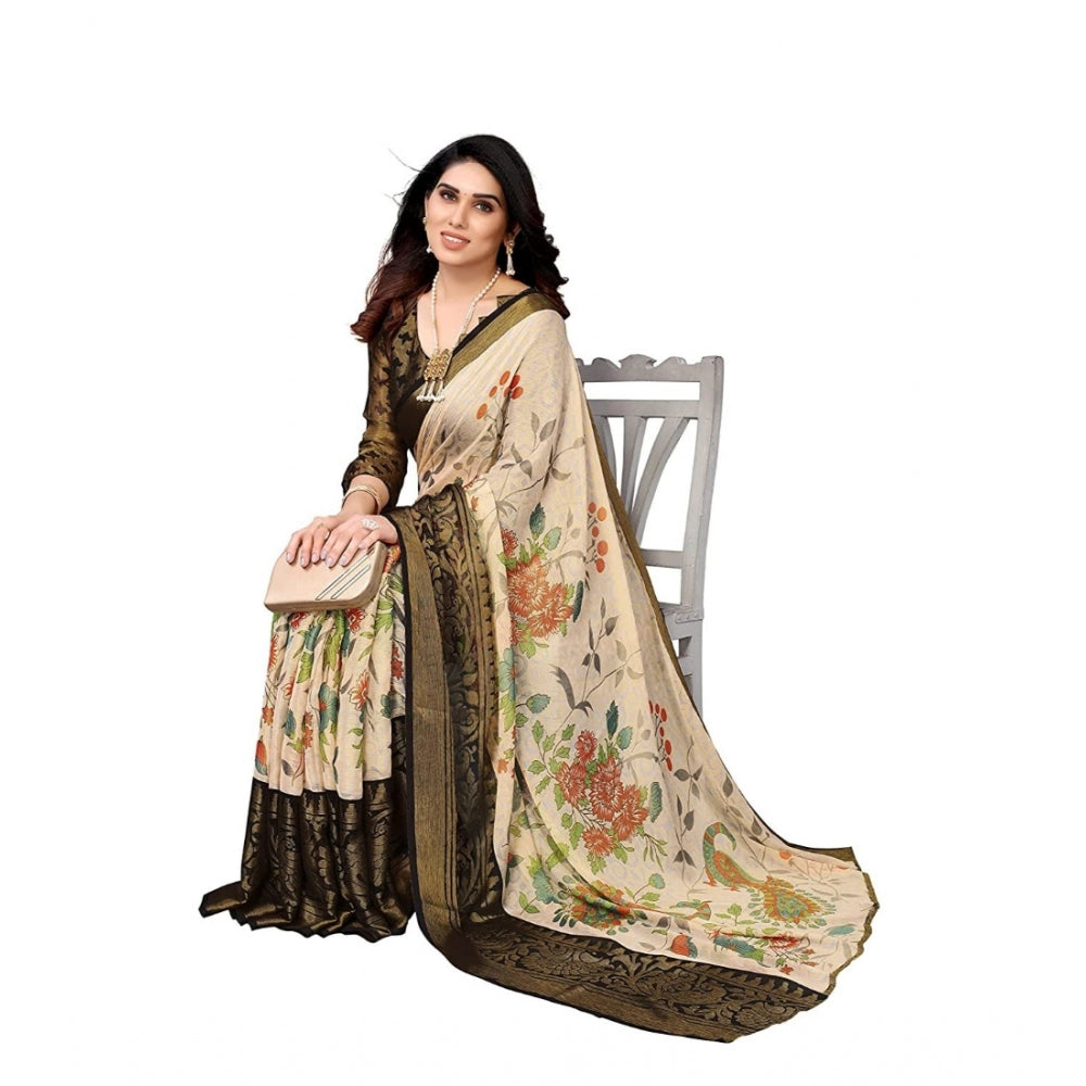 Women's Viscose Rayon Printed Saree With Unstitched Blouse (Black)