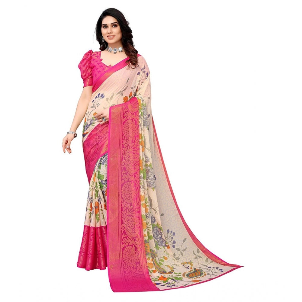 Women's Viscose Rayon Printed Saree With Unstitched Blouse (Pink)