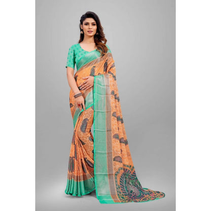 Women's Viscose Rayon Printed Saree With Unstitched Blouse (Orange)