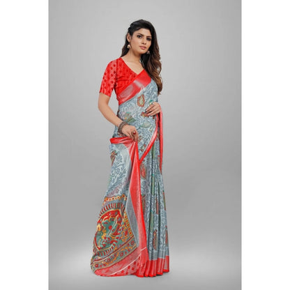 Women's Viscose Rayon Printed Saree With Unstitched Blouse (Grey)