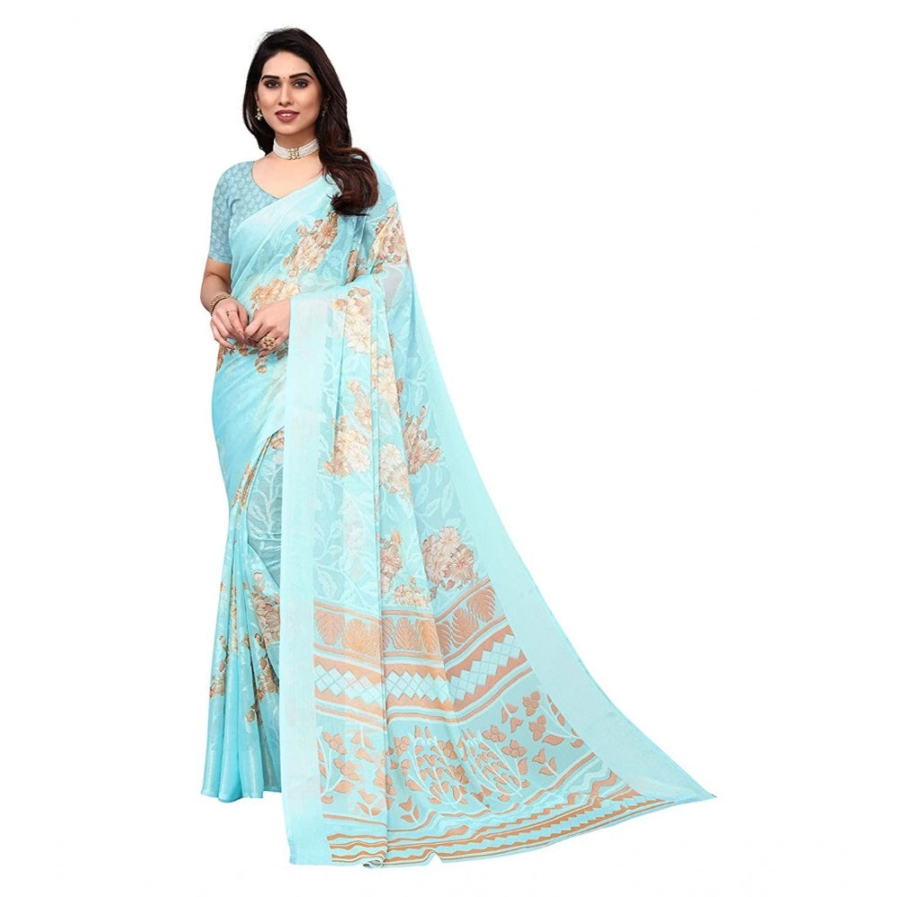 Women's Viscose Rayon Printed Saree With Unstitched Blouse (Sky Blue)