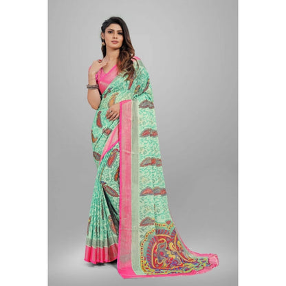 Women's Viscose Rayon Printed Saree With Unstitched Blouse (Teal)