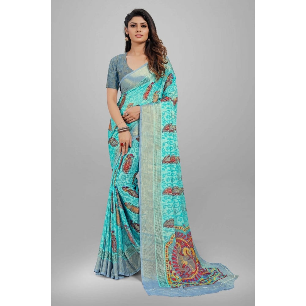 Women's Viscose Rayon Printed Saree With Unstitched Blouse (Sky Blue)