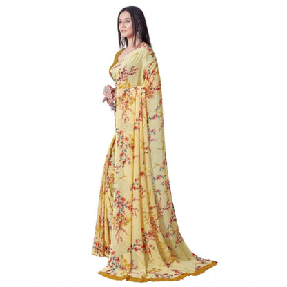 Women's Georgette Printed Saree With Unstitched Blouse (Yellow)