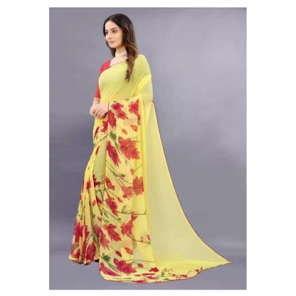 Women's Georgette Printed Saree With Unstitched Blouse (Yellow)