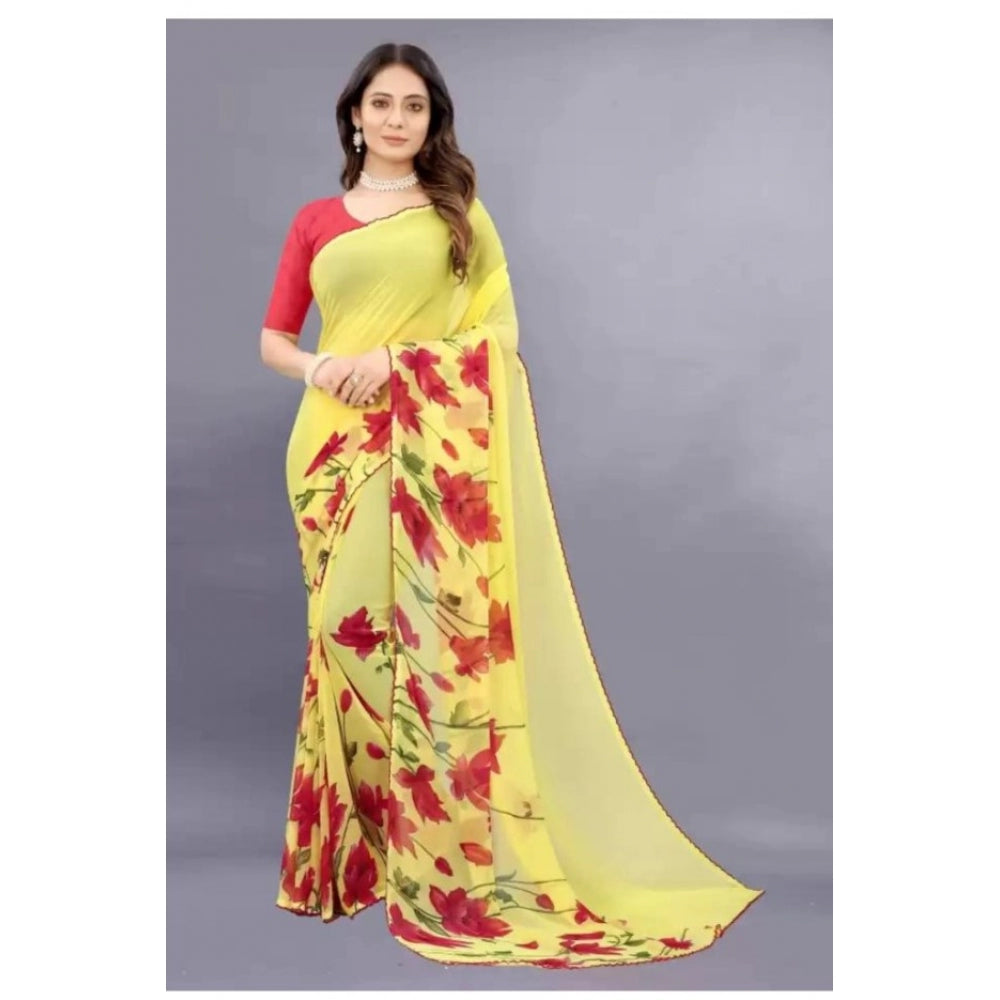 Women's Georgette Printed Saree With Unstitched Blouse (Yellow)