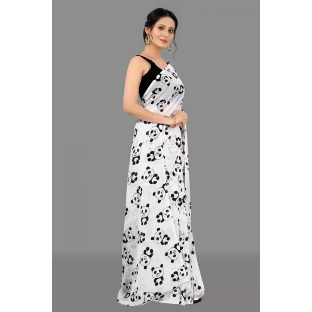 Women's Georgette Printed Saree With Unstitched Blouse (White)