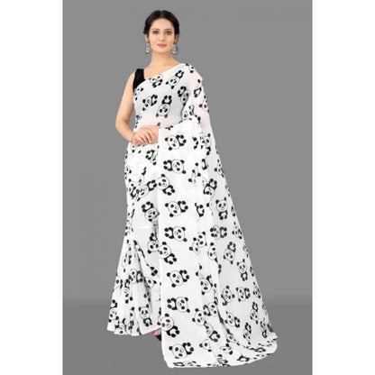 Women's Georgette Printed Saree With Unstitched Blouse (White)