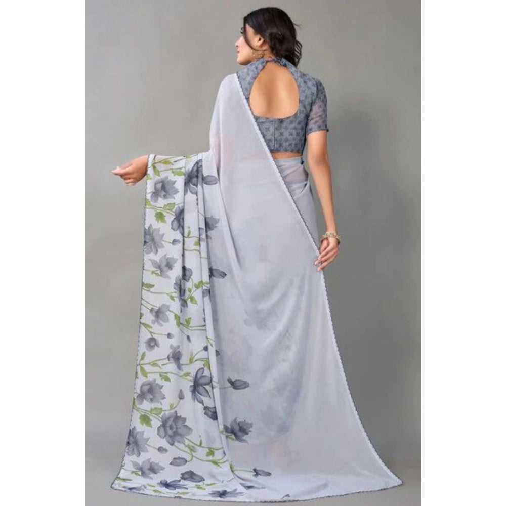 Women's Georgette Printed Saree With Unstitched Blouse (Grey)