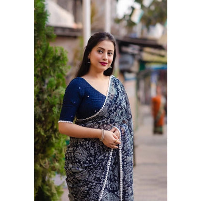 Women's Georgette Printed Saree With Unstitched Blouse (Navyblue)