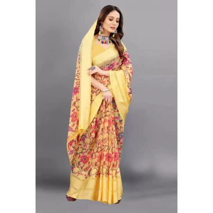 Women's Satin Patta Printed Saree With Unstitched Blouse (Yellow)