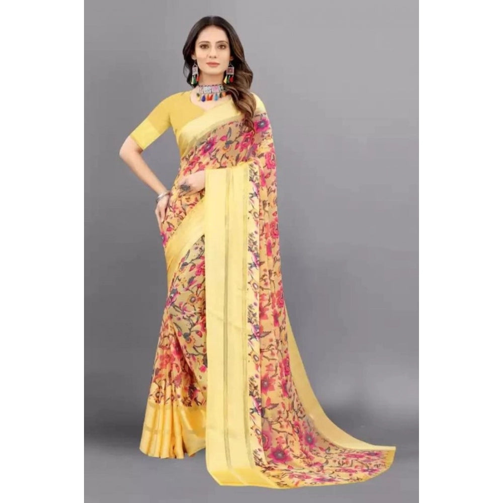 Women's Satin Patta Printed Saree With Unstitched Blouse (Yellow)