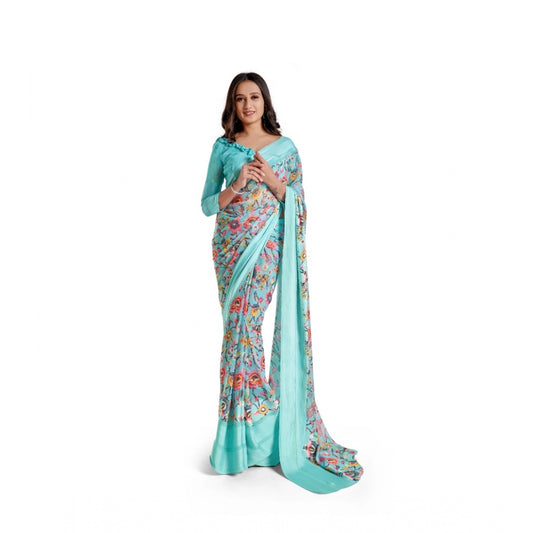 Women's Satin Patta Printed Saree With Unstitched Blouse (Skyblue)