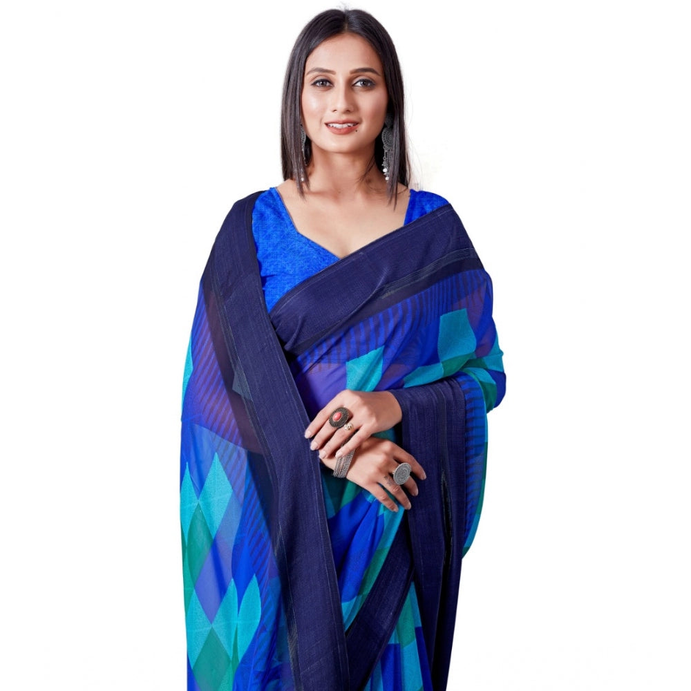 Women's Satin Patta Printed Saree With Unstitched Blouse (Skyblue)