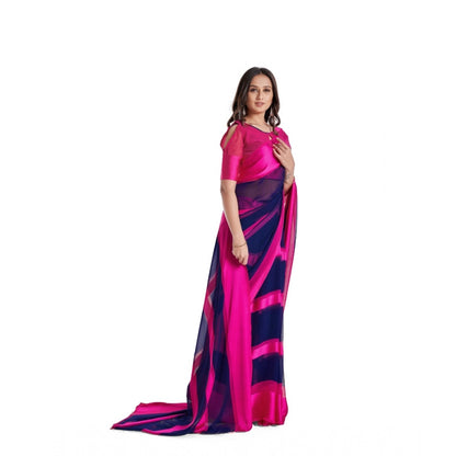 Women's Satin Patta Printed Saree With Unstitched Blouse (Pink)